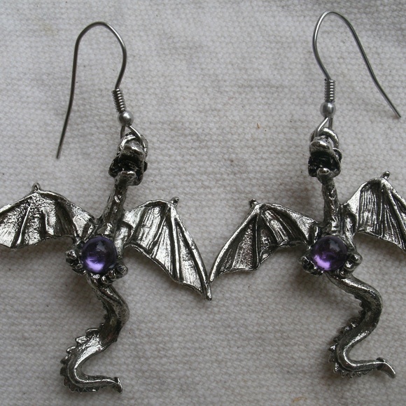 Pewter Flying Dragon Earrings Purple Sets - Picture 1 of 8